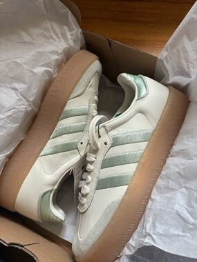 Adidas Sambae Platform Leather Sneakers in Cream & Mint